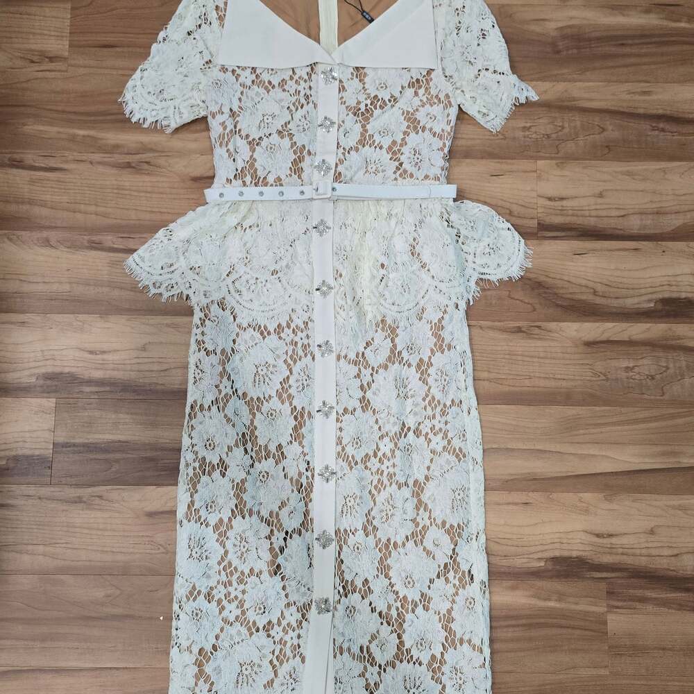 Off White Lace Embroidered Sleeveless Midi Dress with Belt